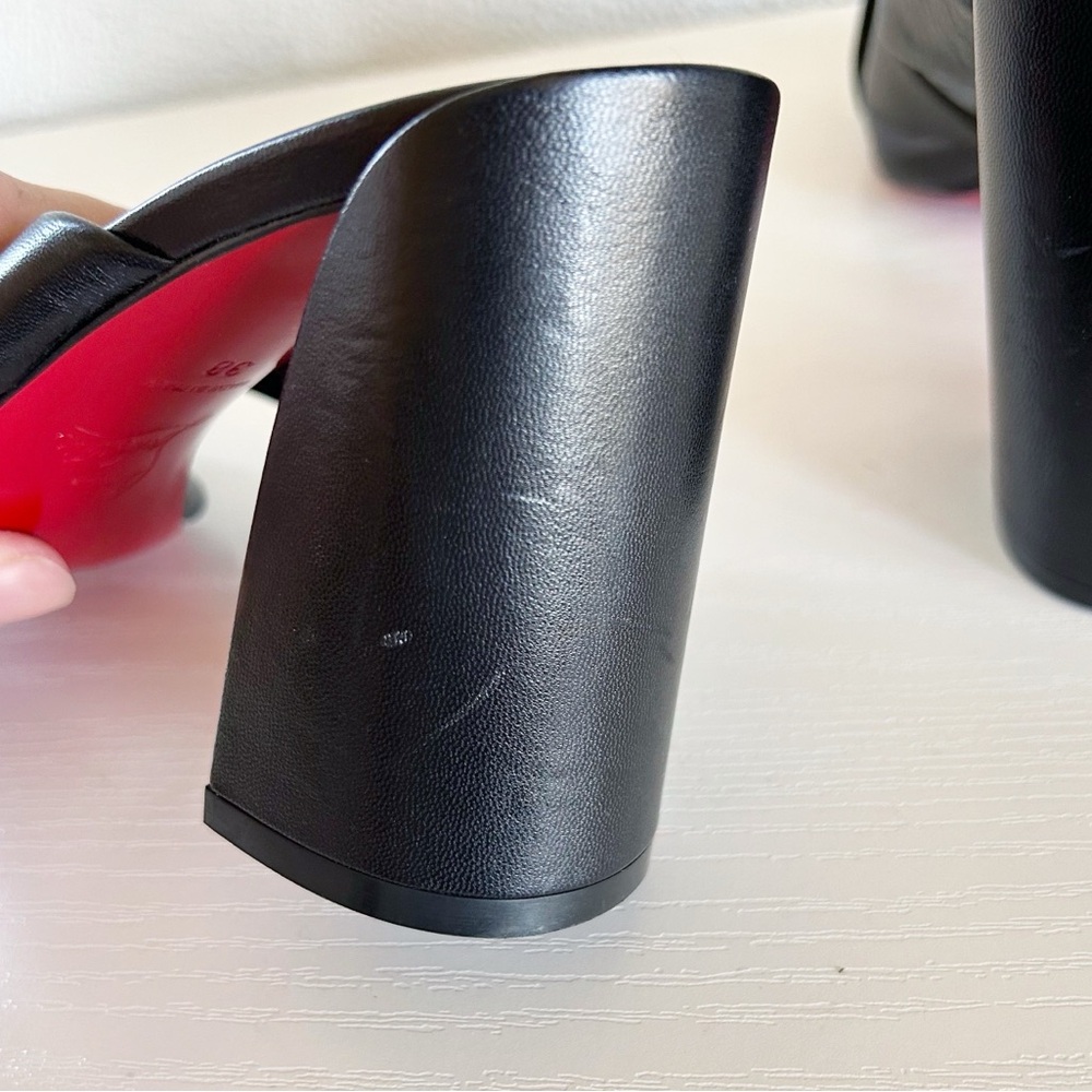 Christian Louboutin Black Leather Crisscross Block Heel Sandals with Red Sole - Picture 10 of 13